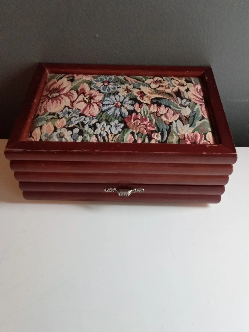 Vintage Wooden Jewelry Box Floral Tapestry Lid Pink Velvet Lining Drawer Storage